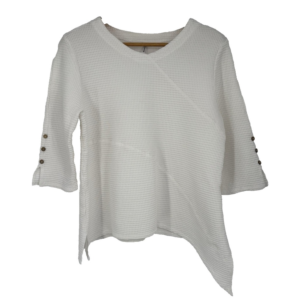 Petsche Womens‎ Waffle Knit Womens Tunic Top XL White Buttons Asymmetrical Boho